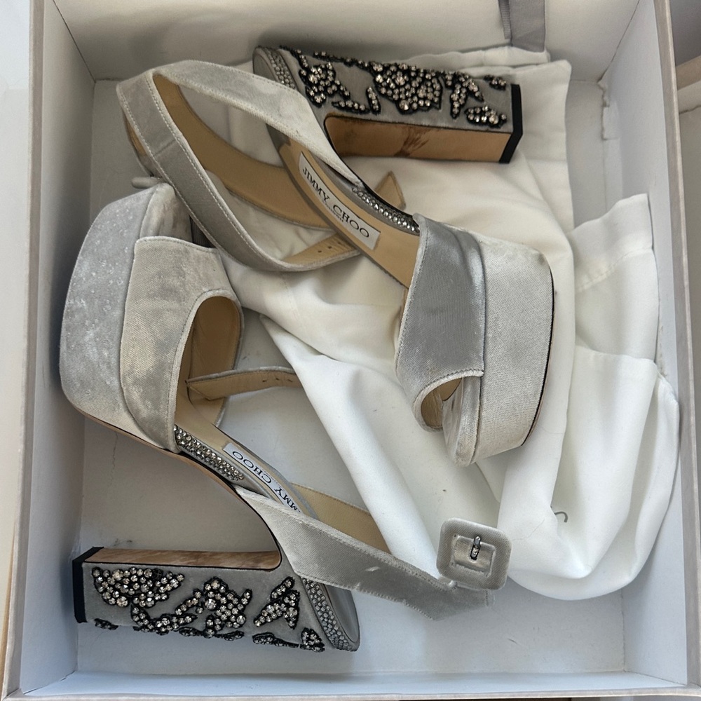 Jimmy Choo Silver Velvet Platform Heels
